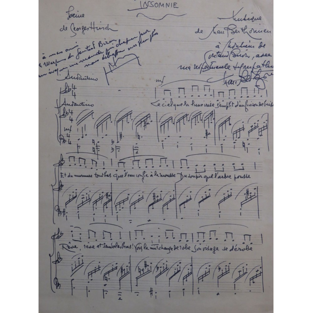 BERTHOMIEU Marc Insomnie Manuscrit Chant Piano