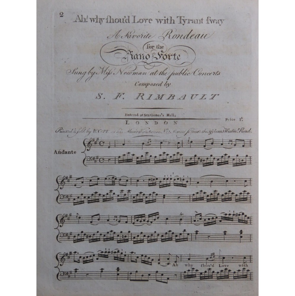 RIMBAULT S. F. Ah ! Why shou'd Love with Tyrnat sway Piano ca1830
