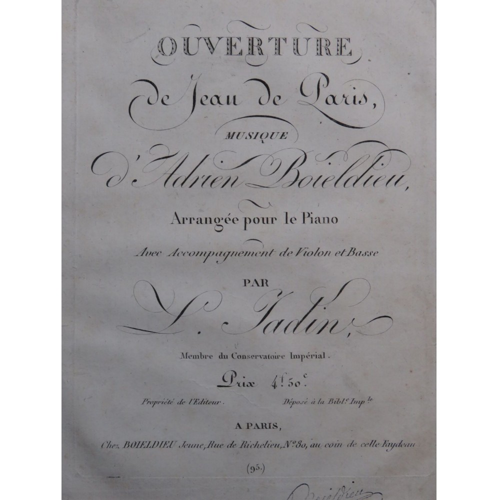 JADIN Louis Ouverture de Jean de Paris Boieldieu Piano ca1815