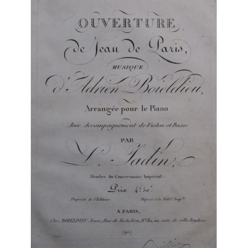 JADIN Louis Ouverture de Jean de Paris Boieldieu Piano ca1815