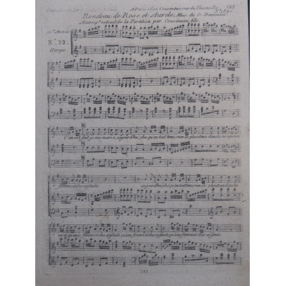 DEVIENNE François Rondeau de Rose et Aurèle Chant Harpe ca1795