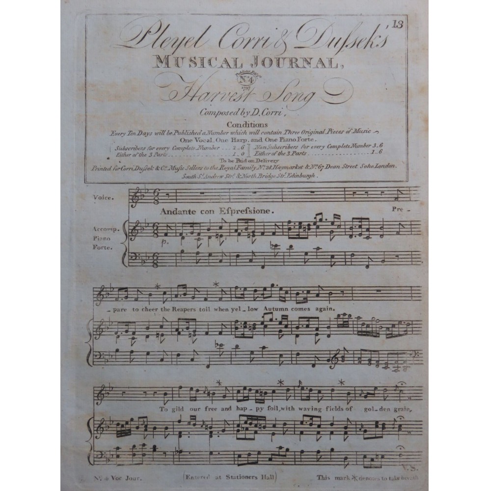 CORRI D. Harvest Song Chant Piano ca1800