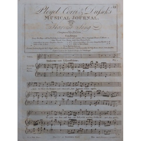 CORRI D. Harvest Song Chant Piano ca1800
