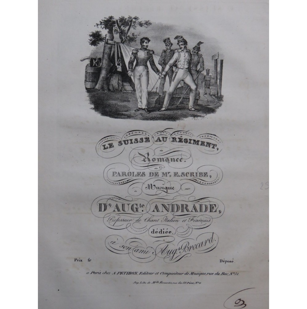 ANDRADE Auguste Le Suisse au Régiment Chant Piano ca1830