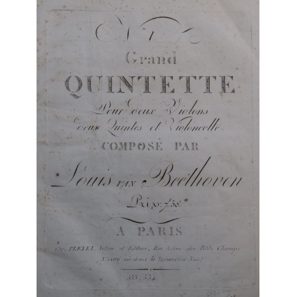 BEETHOVEN Grand Quintette op 4 1er et 2e Violons ca1805