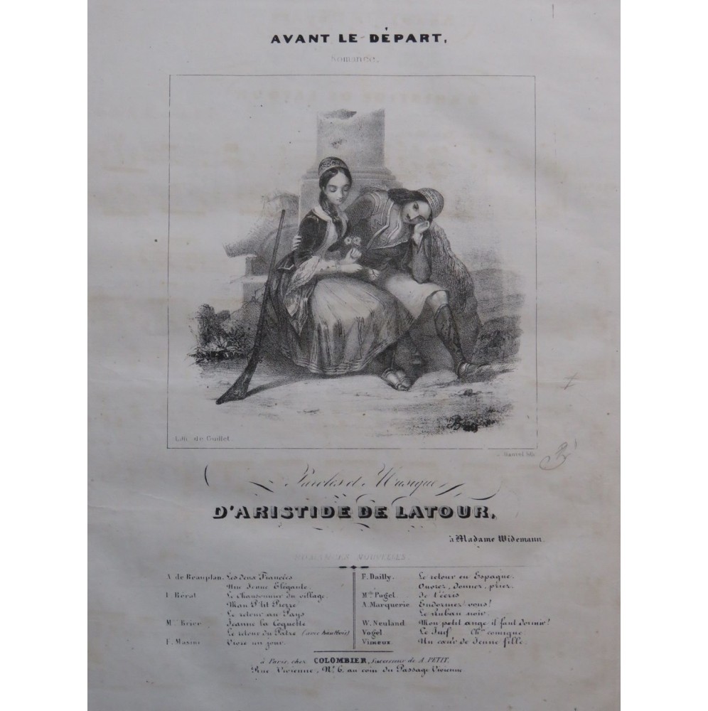 DE LATOUR Aristide Avant le Départ Chant Piano ca1840