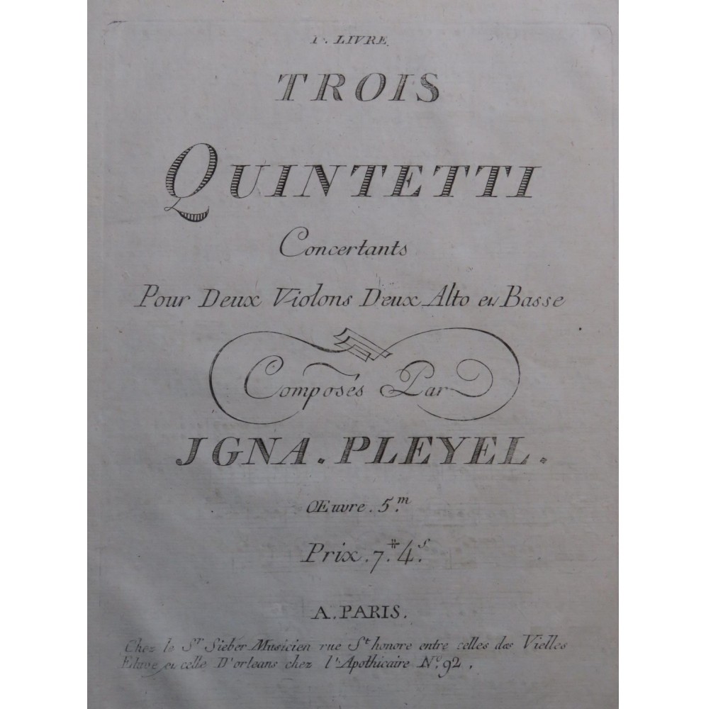 PLEYEL Ignace Trois Quintetti op 5 B. 271-273 1er Alto ca1790