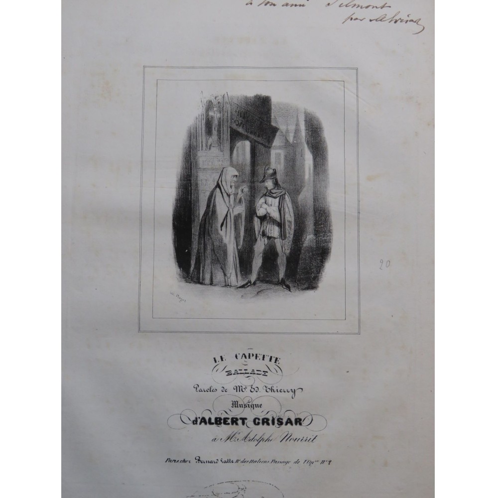 GRISAR Albert La Capette Dédicace Chant Piano ca1835