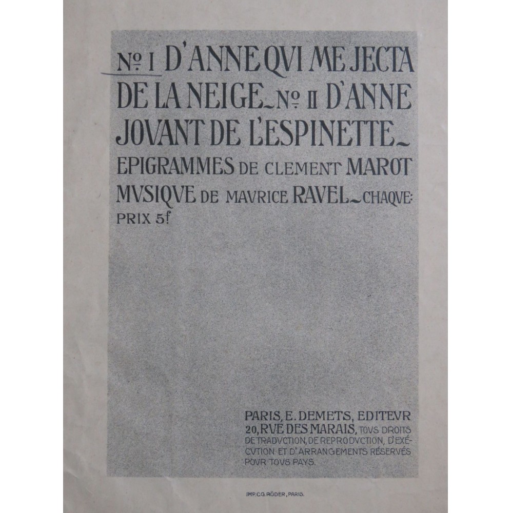 RAVEL Maurice D'Anne qui me jecta de la neige Chant Piano ca1900