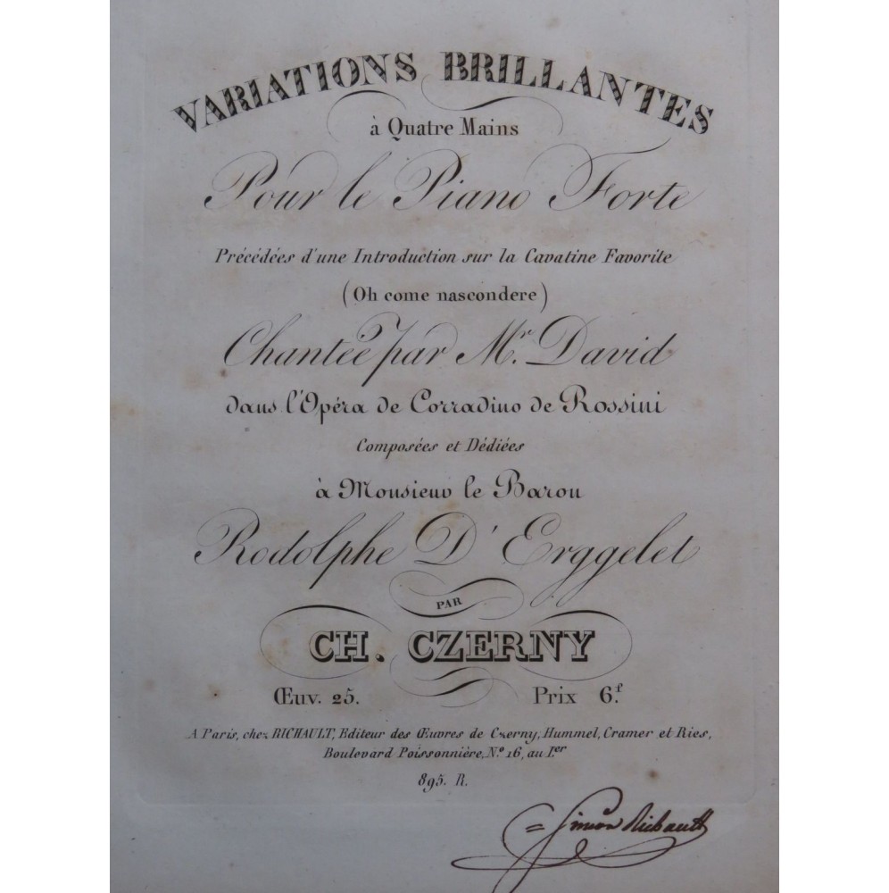 CZERNY Charles Variations Rossini op 25 Piano 4 mains ca1825