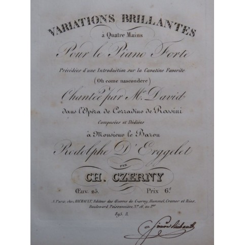 CZERNY Charles Variations Rossini op 25 Piano 4 mains ca1825