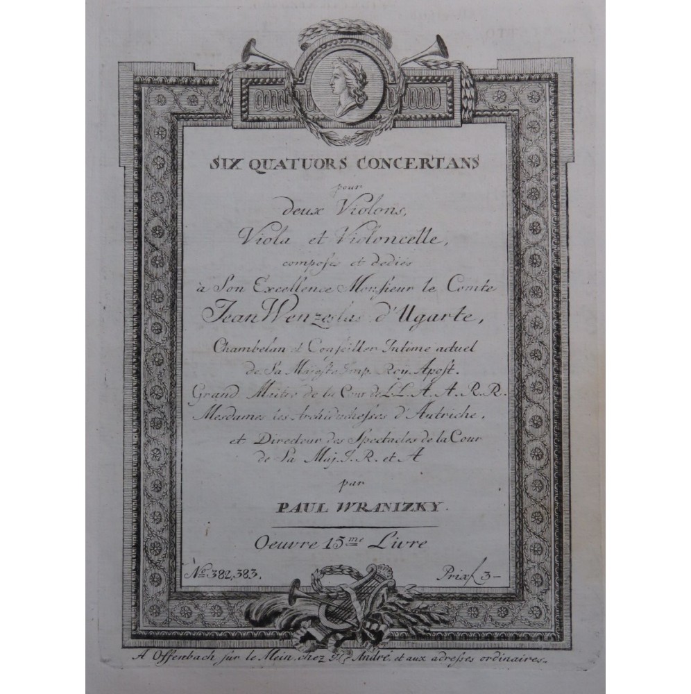 WRANITZKY Paul Six Quatuors op 15 Violons Altos ca1790