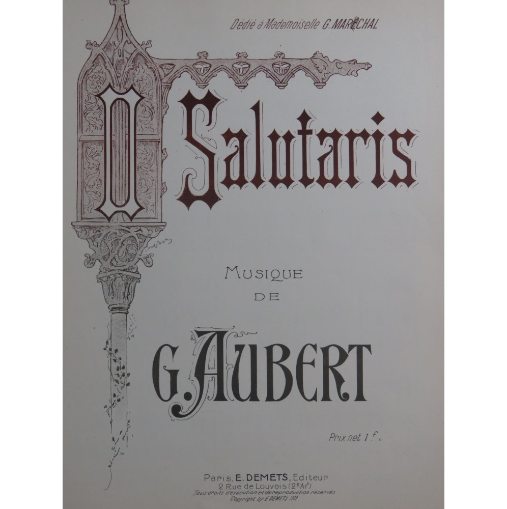 AUBERT Gaston O Salutaris Chant Piano 1912