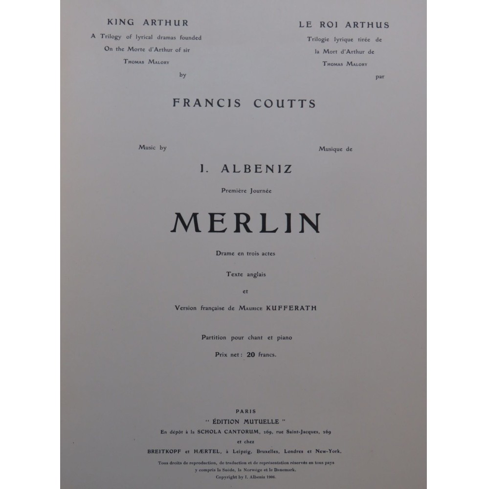 ALBENIZ Isaac Merlin Opéra Chant Piano 1906