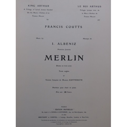 ALBENIZ Isaac Merlin Opéra Chant Piano 1906