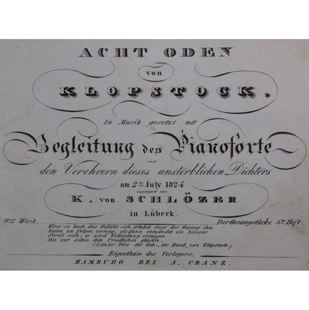 SCHLÖZER Karl Von Acht Oden von Klopstock Piano 1824