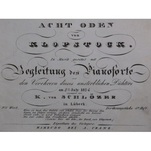 SCHLÖZER Karl Von Acht Oden von Klopstock Piano 1824
