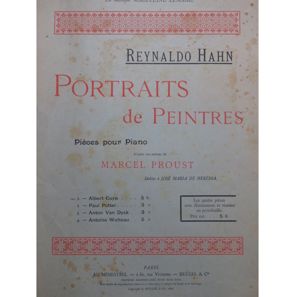 HAHN Reynaldo Portraits de Peintres Albert Cuyp Piano 1896