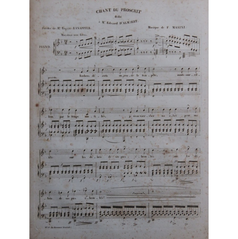 MASINI F. Chant de Proscrit Chant Piano ca1840