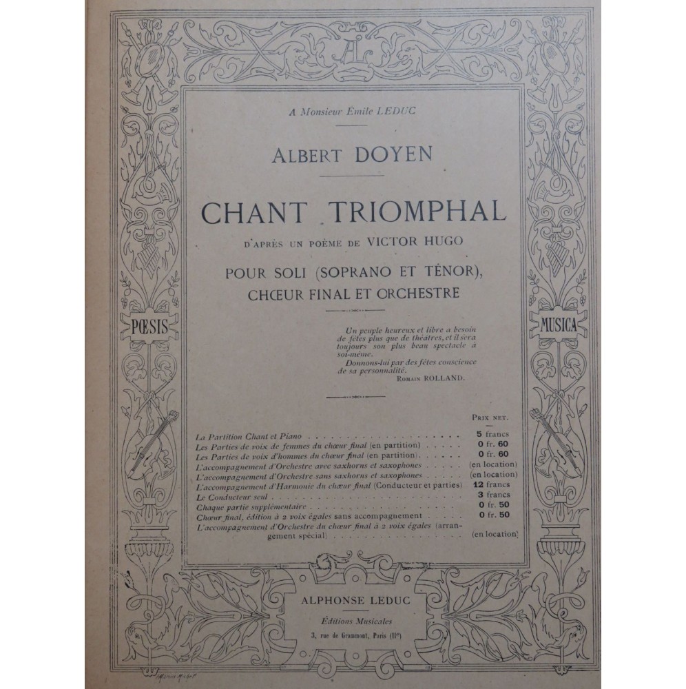 DOYEN Albert Chant Triomphal Dédicace Chant Piano 1921