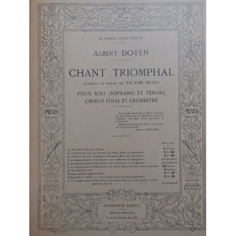 DOYEN Albert Chant Triomphal Dédicace Chant Piano 1921