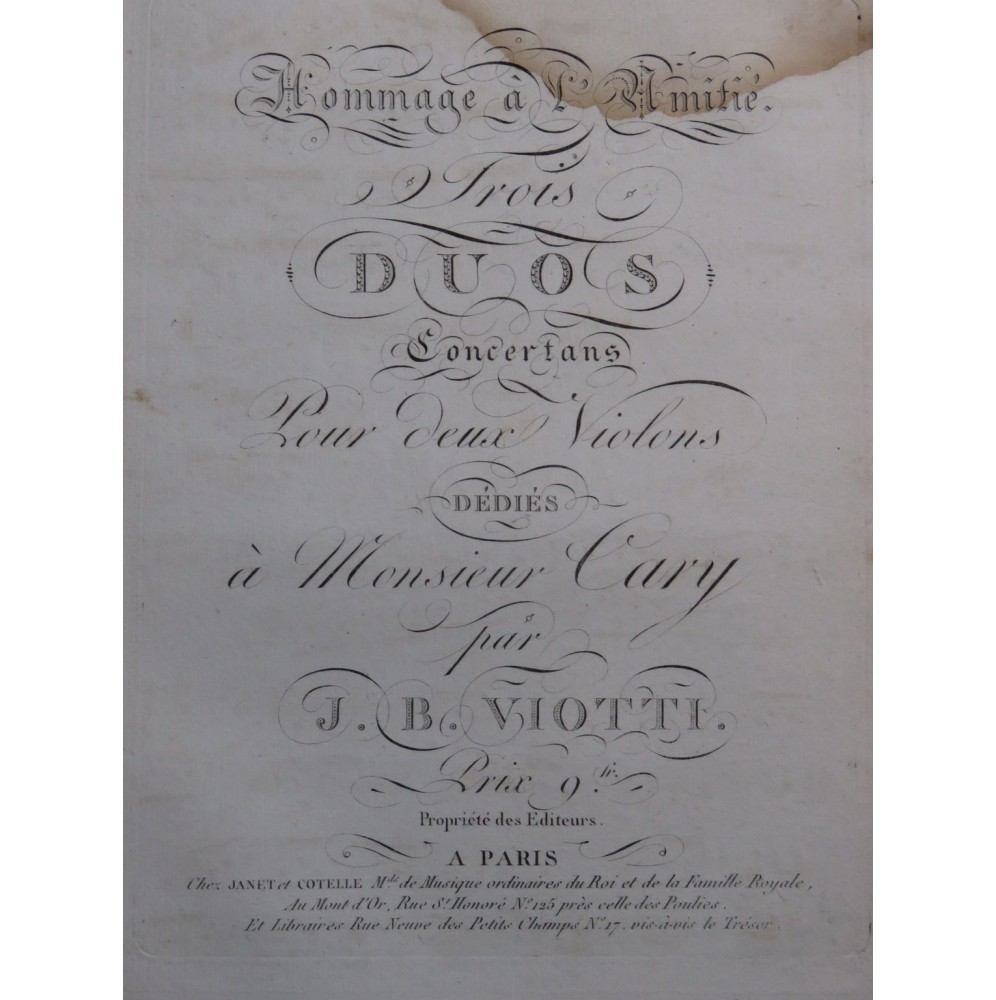 VIOTTI J. B. Trois Duos W4 28-30 op 9 pour deux Violons ca1818