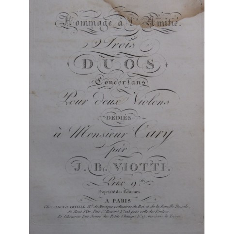 VIOTTI J. B. Trois Duos W4 28-30 op 9 pour deux Violons ca1818