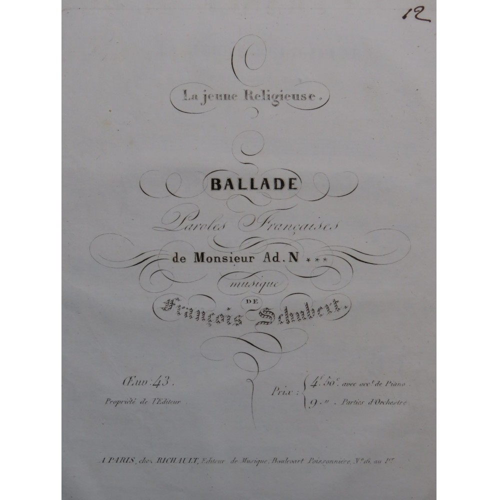 SCHUBERT Franz La Jeune Religieuse Ballade op 43 Chant Piano ca1835
