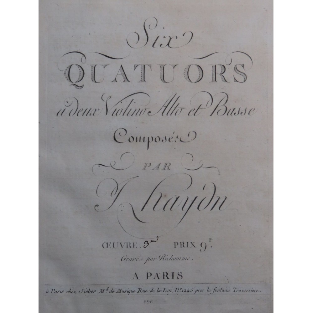 HAYDN Joseph Six Quatuors op 3 2e Violon ca1800