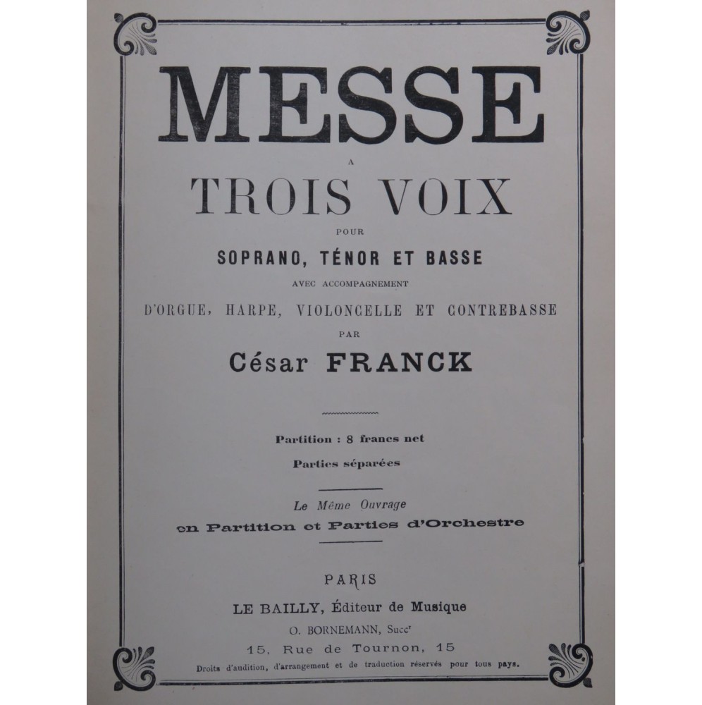 FRANCK César Messe à trois voix Chant Orgue Harpe Violoncelle ca1905