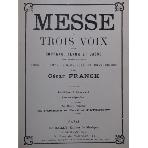 FRANCK César Messe à trois voix Chant Orgue Harpe Violoncelle ca1905