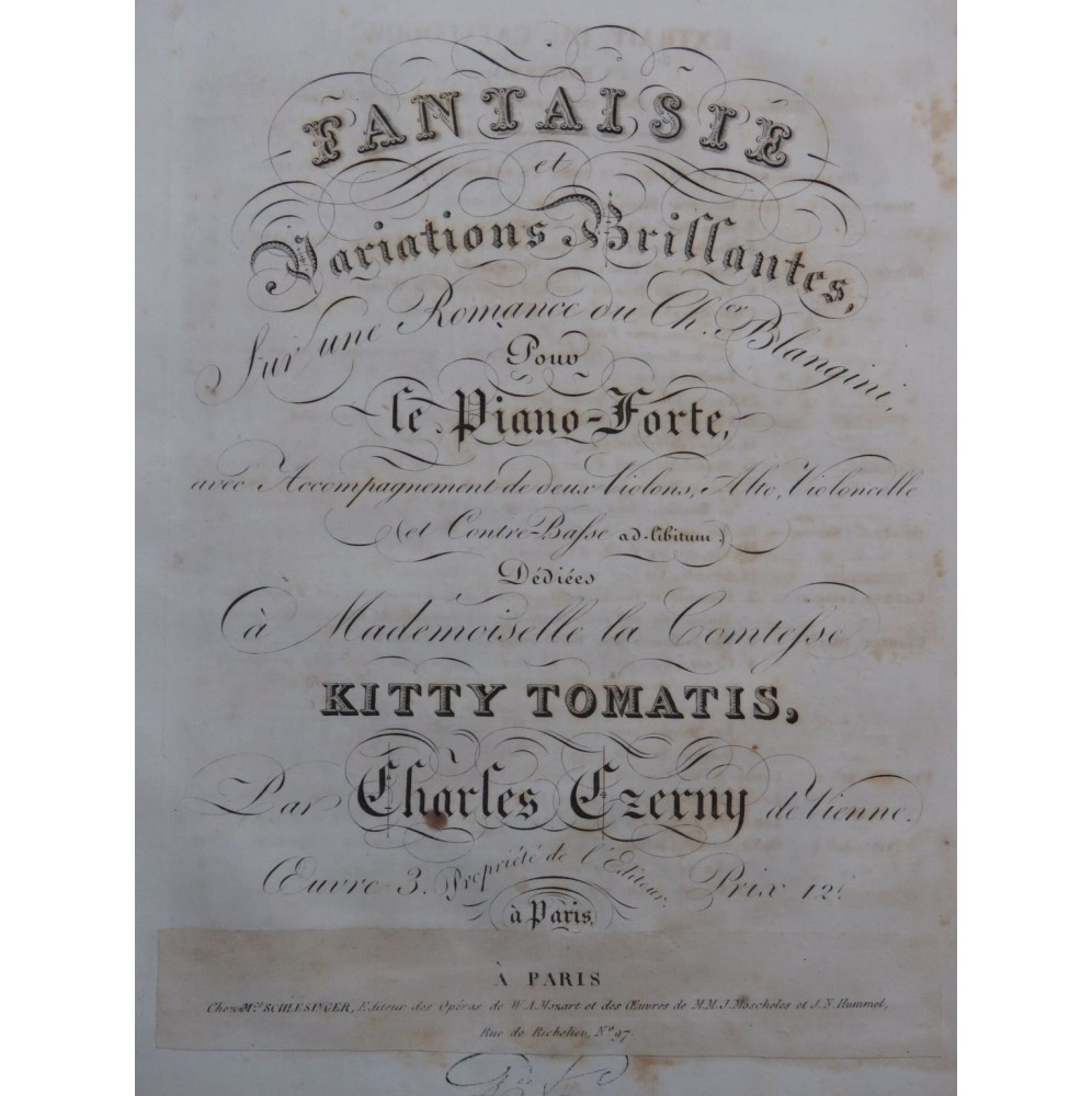 CZERNY Charles Fantaisie Romance Blangini op 3 Piano ca1820