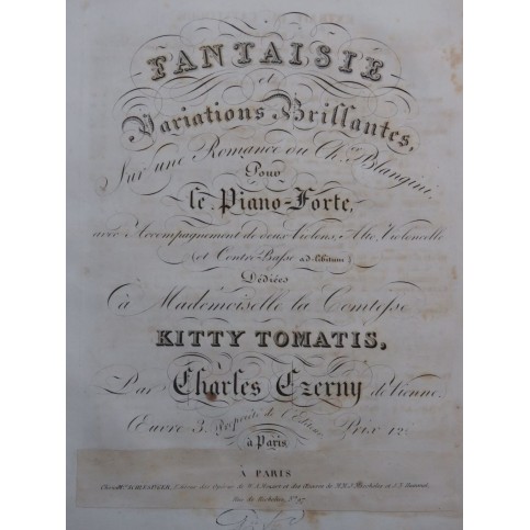 CZERNY Charles Fantaisie Romance Blangini op 3 Piano ca1820
