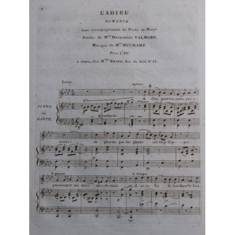 DUCHAMP L'Adieu Chant Piano ou Harpe ca1830