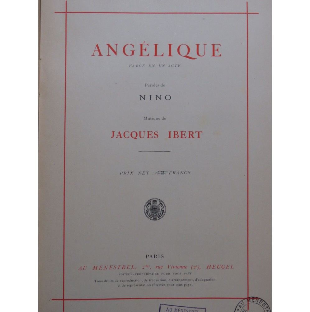 IBERT Jacques Angélique Opéra Chant Piano 1926
