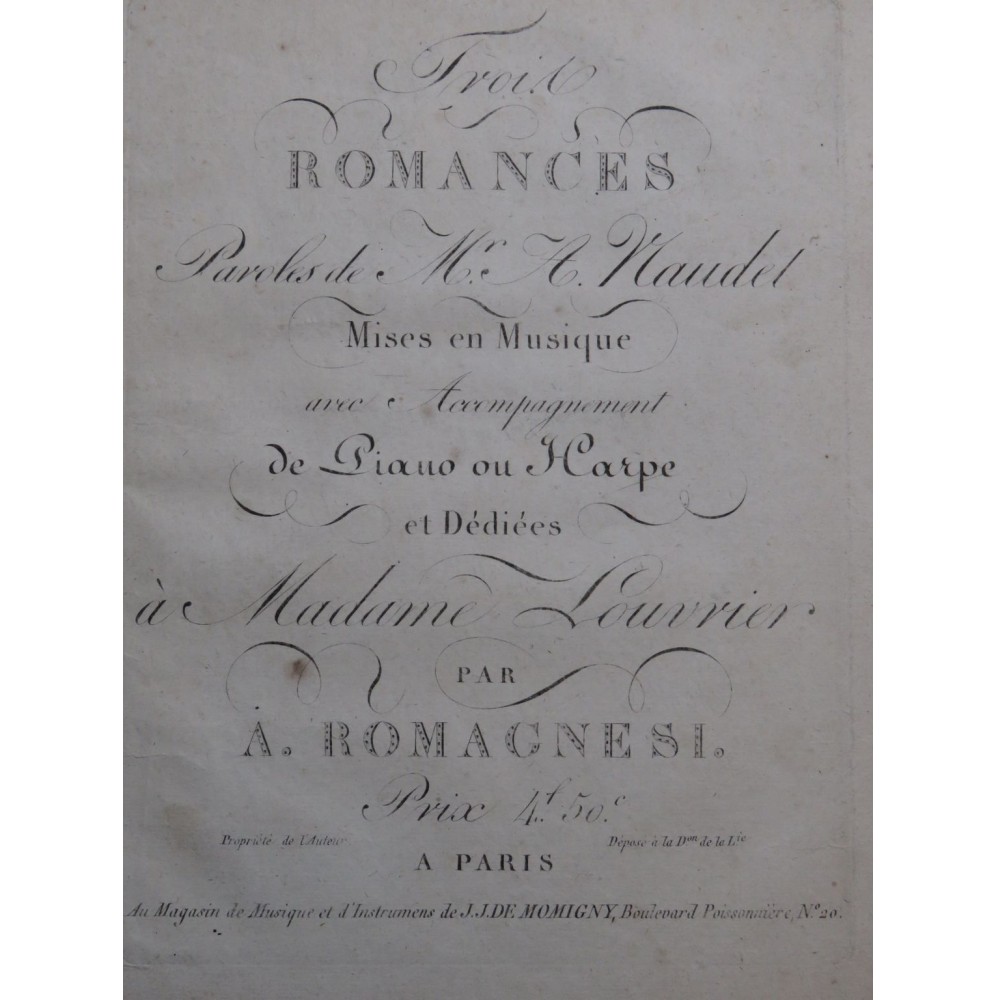ROMAGNESI Antoine Trois Romances Chant Piano ou Harpe ca1820