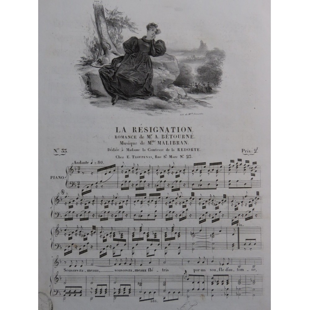 MALIBRAN Marie La Résignation Chant Piano ca1830