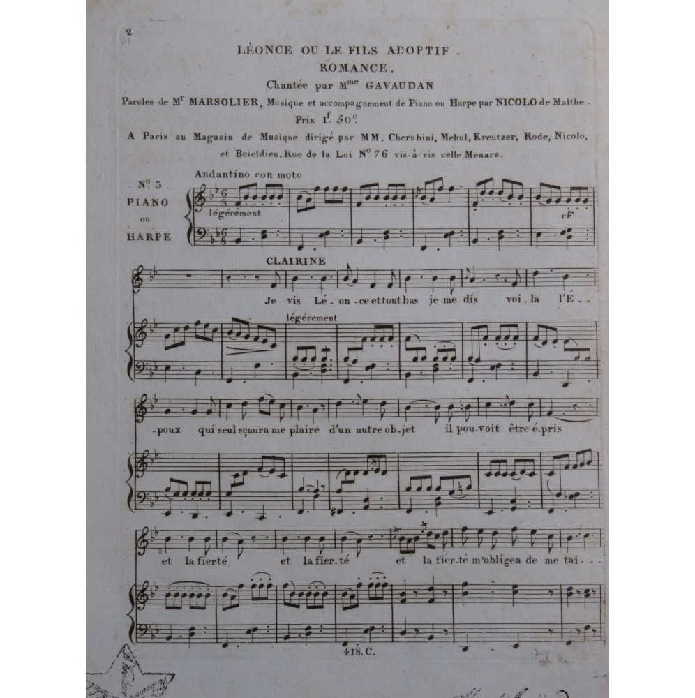 ISOUARD Nicolo Léonce ou le Fils Adoptif No 3 Chant Piano ou Harpe ca1810