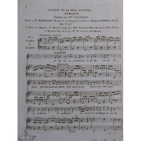 ISOUARD Nicolo Léonce ou le Fils Adoptif No 3 Chant Piano ou Harpe ca1810