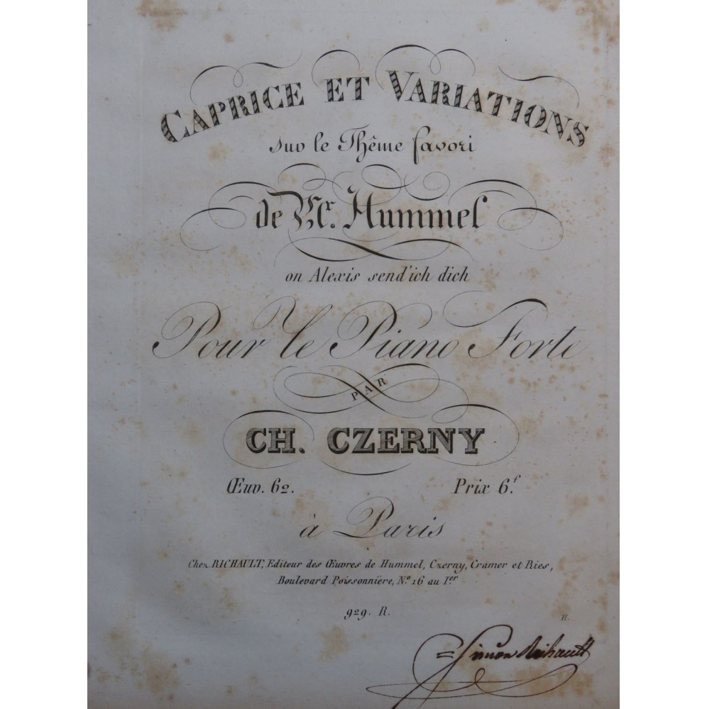CZERNY Charles Caprice et Variations Hummel op 62 Piano ca1825