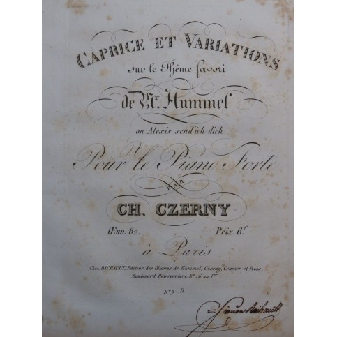 CZERNY Charles Caprice et Variations Hummel op 62 Piano ca1825