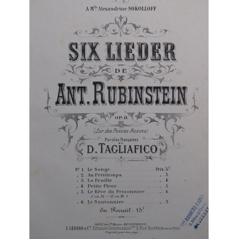 RUBINSTEIN Antoine Au Printemps op 8 N° 2 Chant Piano ca1877
