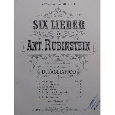 RUBINSTEIN Antoine Au Printemps op 8 No 2 Chant Piano ca1877