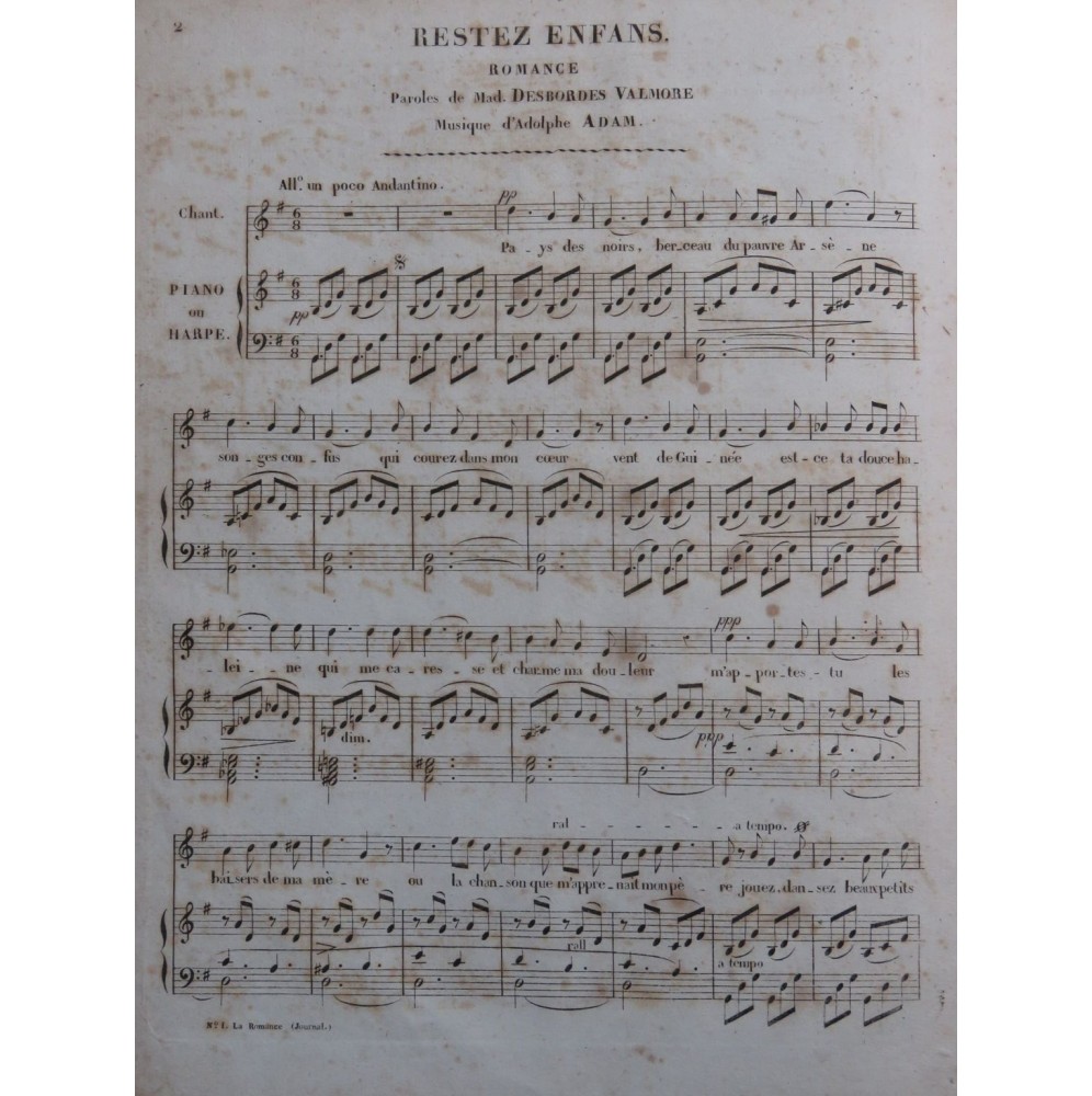 ADAM Adolphe Restez Enfans Chant Piano ou Harpe ca1830