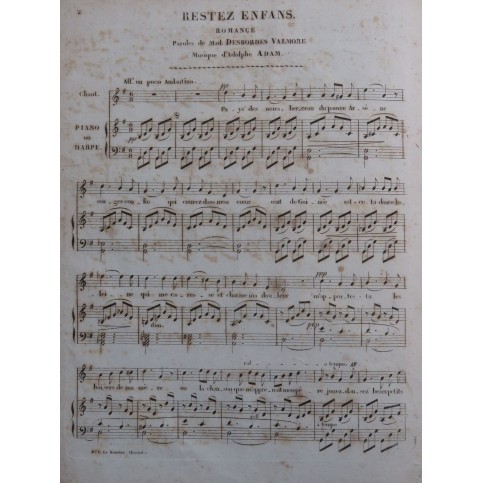 ADAM Adolphe Restez Enfans Chant Piano ou Harpe ca1830