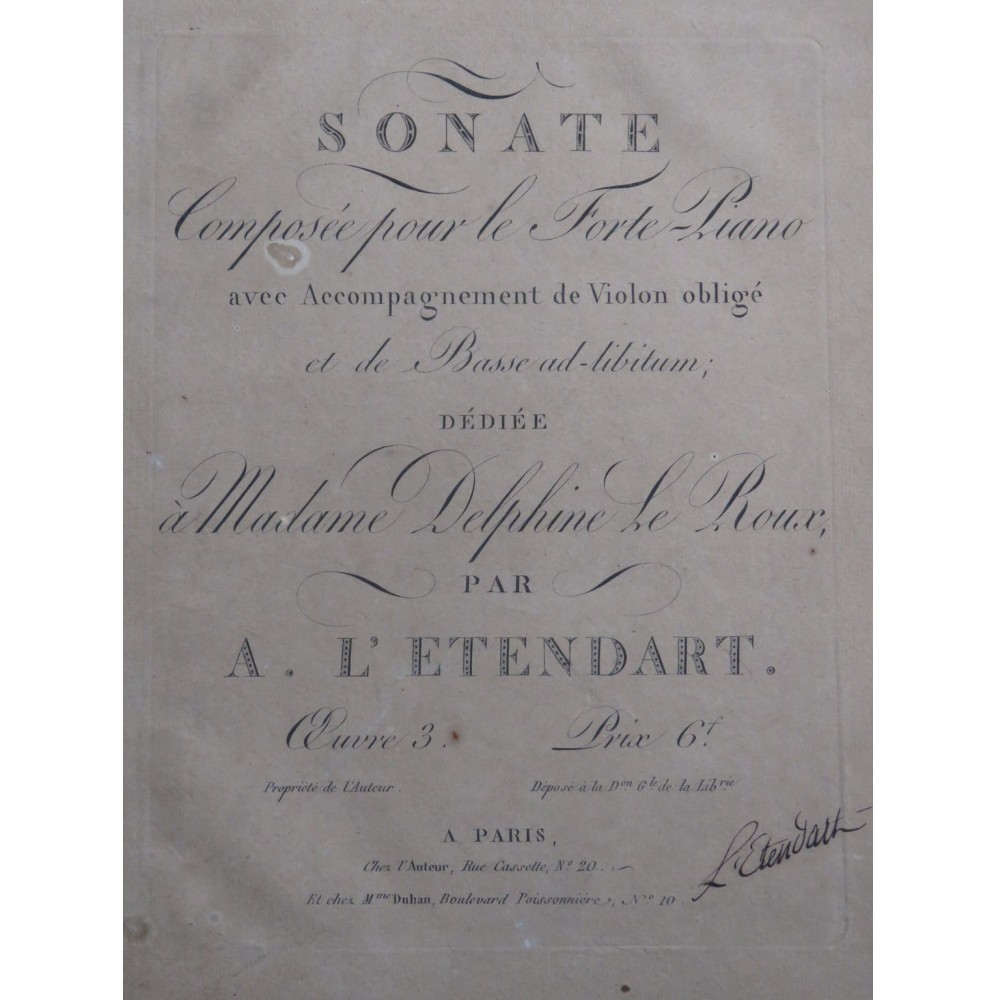 L'ÉTENDART A. Sonate op 3 Signature Piano Violon Basse ca1820