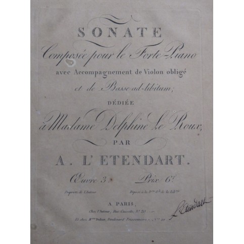 L'ÉTENDART A. Sonate op 3 Signature Piano Violon Basse ca1820