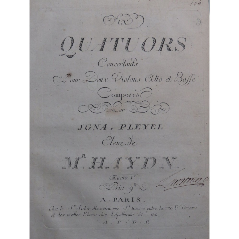 PLEYEL Ignace Six Quatuors op 1 Violon Alto Violoncelle ca1790