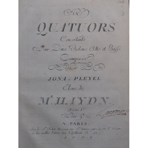 PLEYEL Ignace Six Quatuors op 1 Violon Alto Violoncelle ca1790