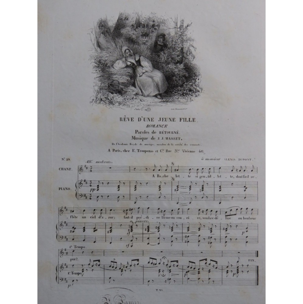 MASSET J. J. Rêve d'une jeune fille Chant Piano ca1830